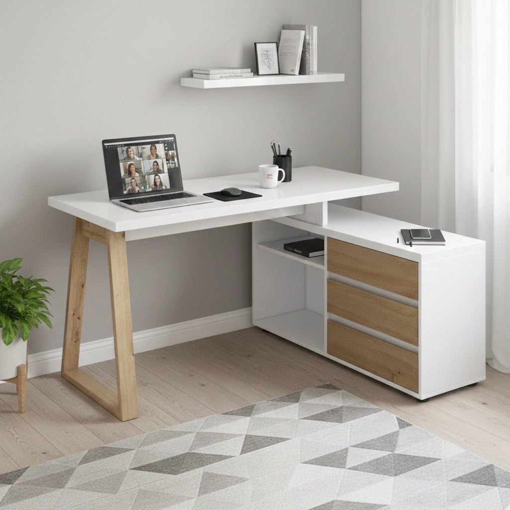 Hachette, Scrivania 3 Cassetti Made in Italy, 135x75x120h cm Bianco Lucido