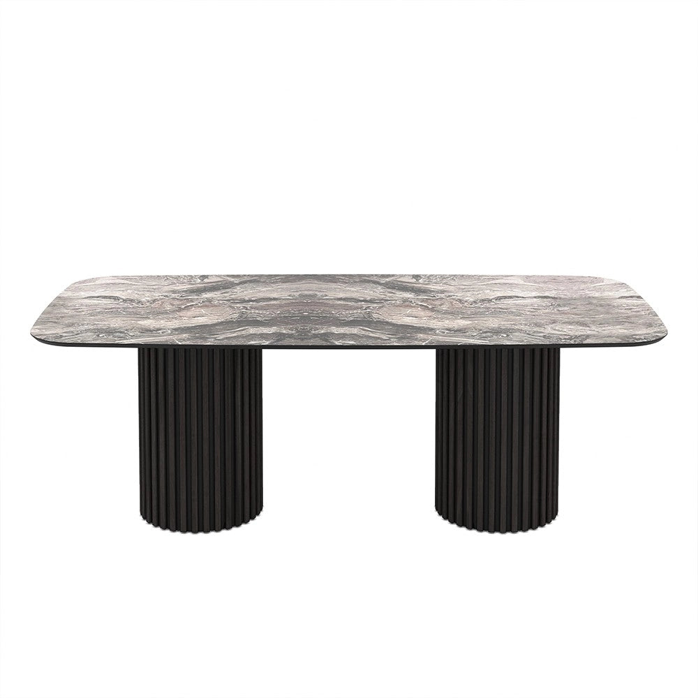 Tavolo rettangolare fisso piano nero arabesque e basi in legno cannettati Oslo 200x100x76H
