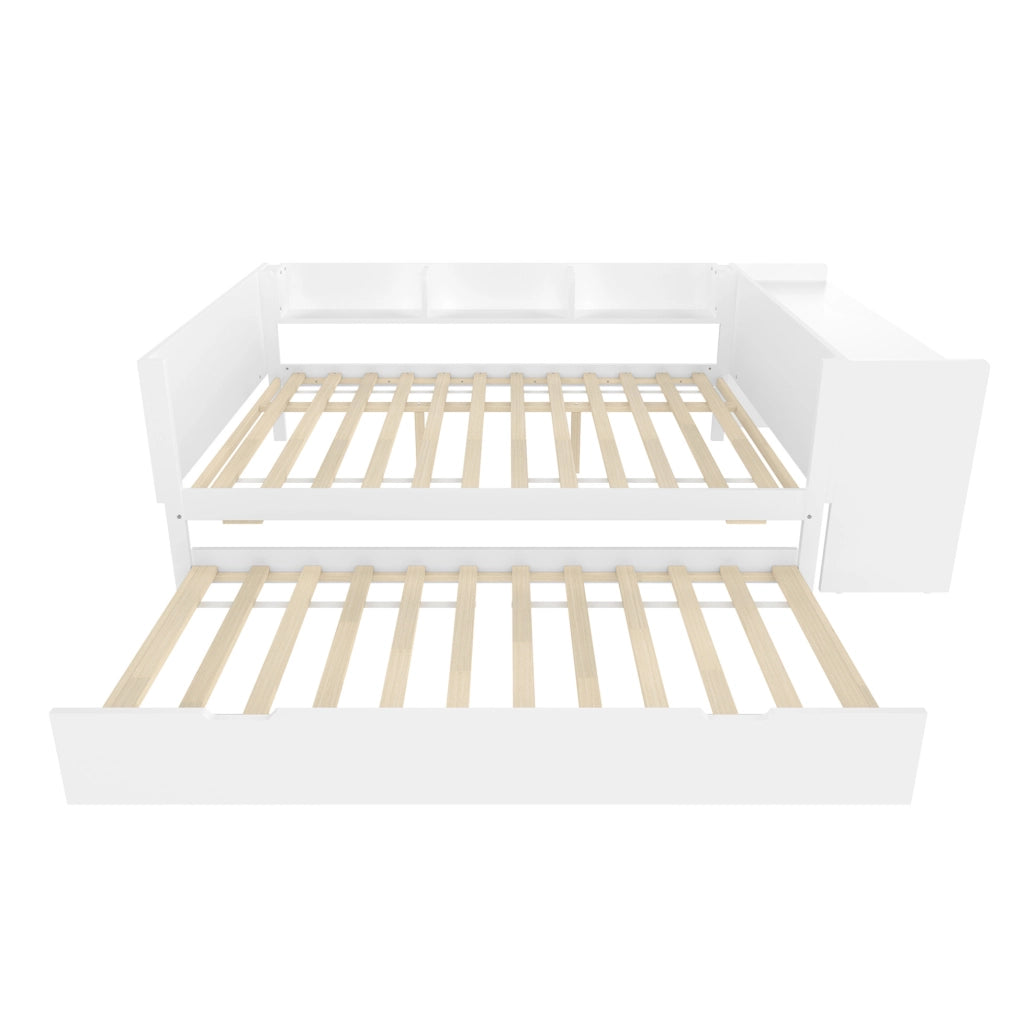 Letto 140x200 cm con scrivania; letto estraibile e ripiani in legno e MDF bianco