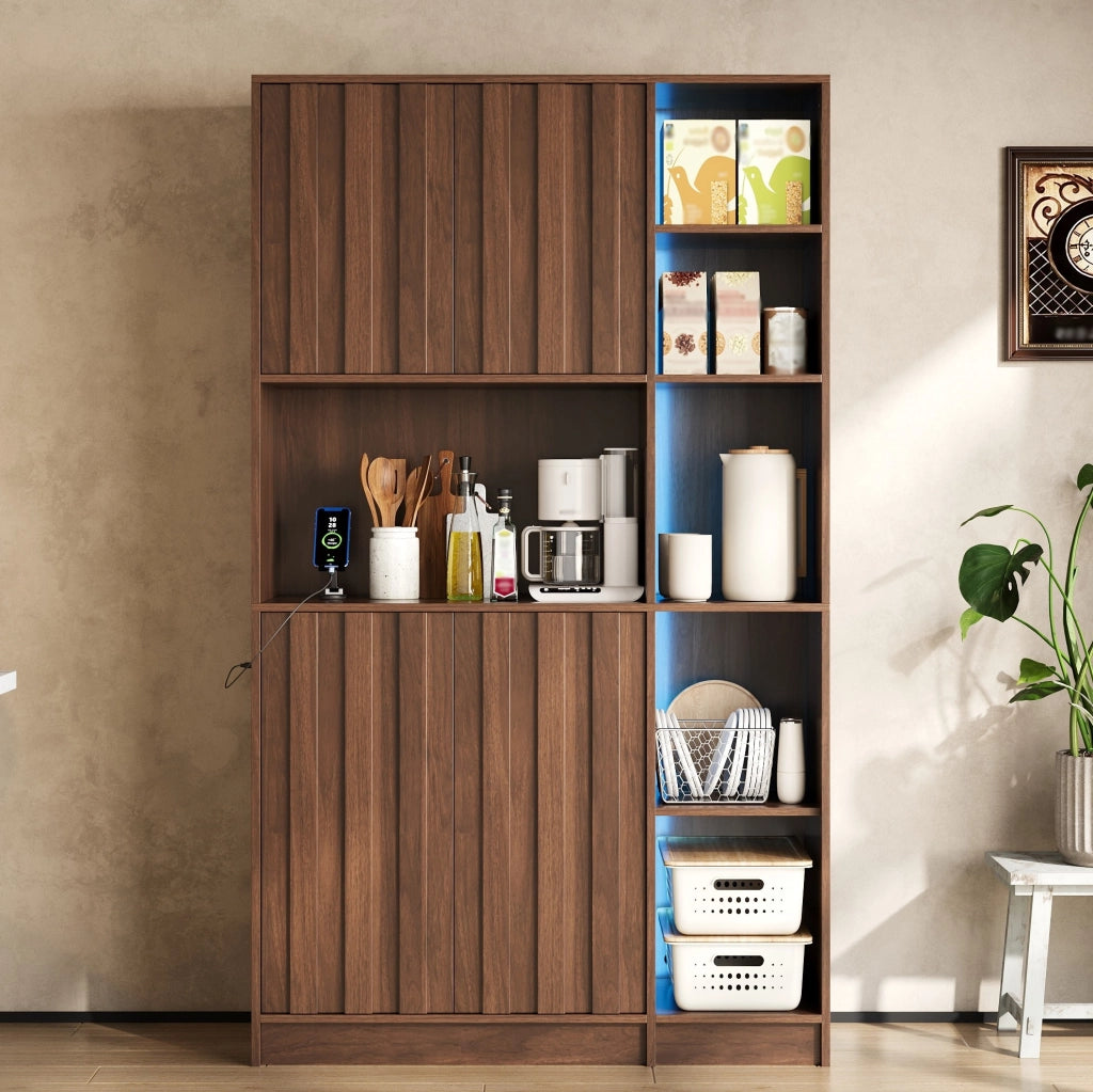 Credenza alta multifunzionale 105x40x180 cm in MDF colore noce con LED RGB e prese integrate