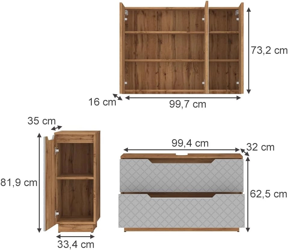 Set di mobili da bagno Lotta, Rovere/grigio con struttura in piastrelle, 3 parti