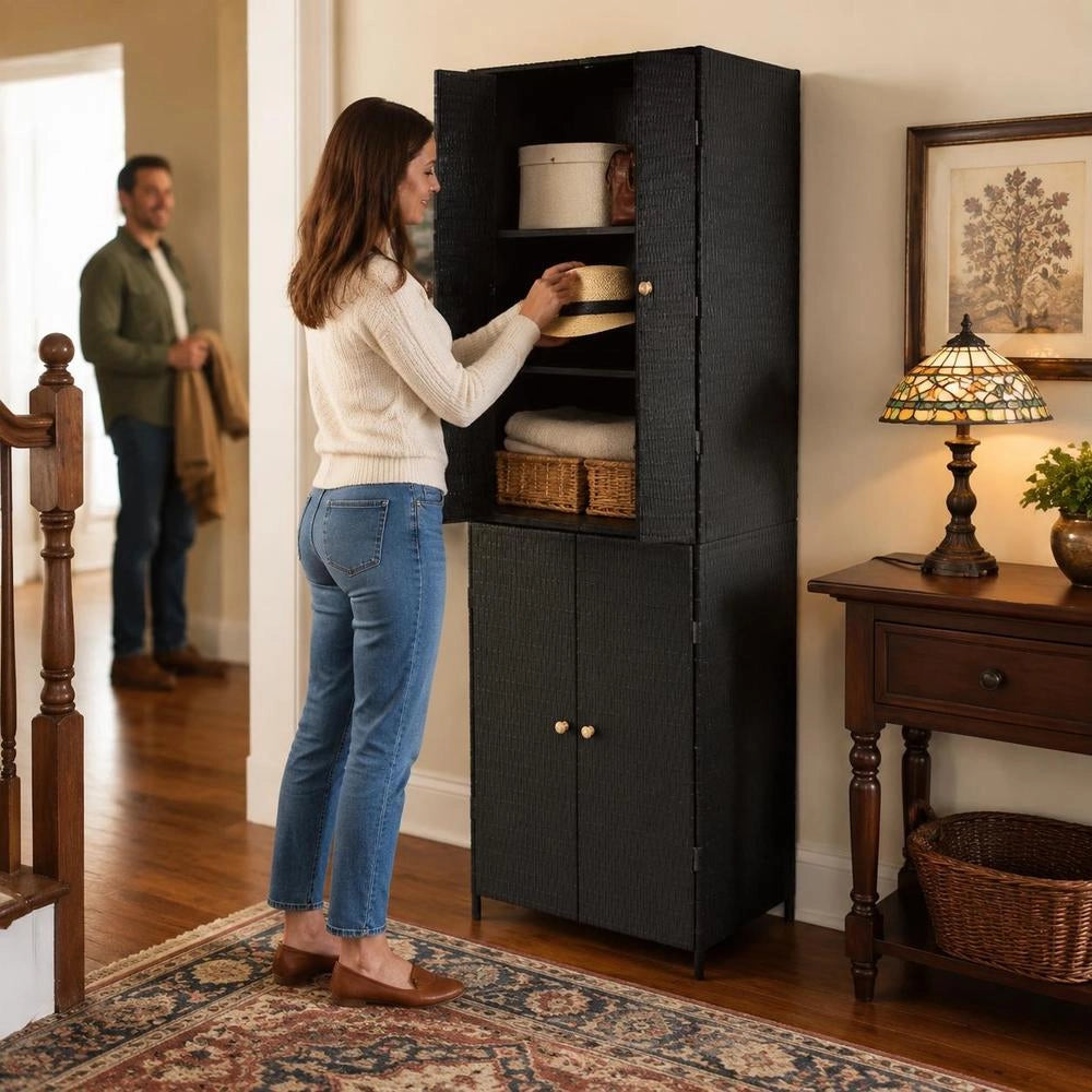 Garden Cabinet, Black, 59x40x180 Cm, Poly Rattan