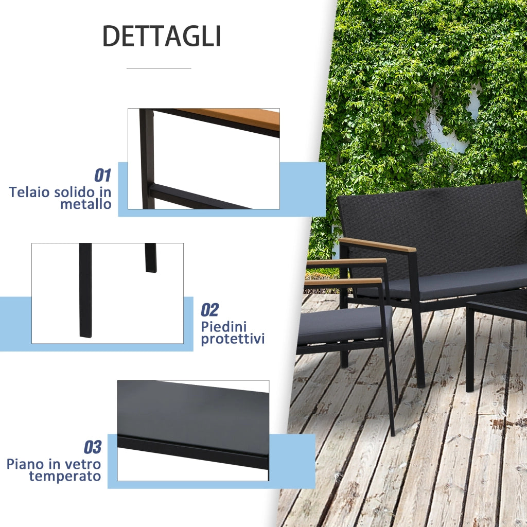 EasyComfort Set 4 Pezzi Salotto da Esterni con 2 Sedie, Divano e Tavolino Mobili da Giardino in Rattan e Acciaio Nero