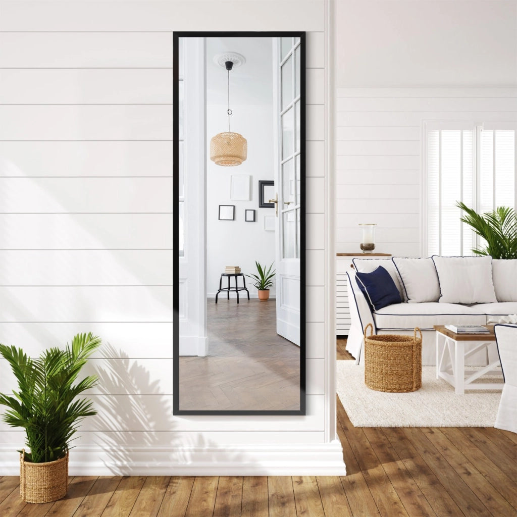Specchio a figura intera per muro o porta con struttura in ferro, Specchio con 2 set di ganci regolabili Nero-Specchi da parete