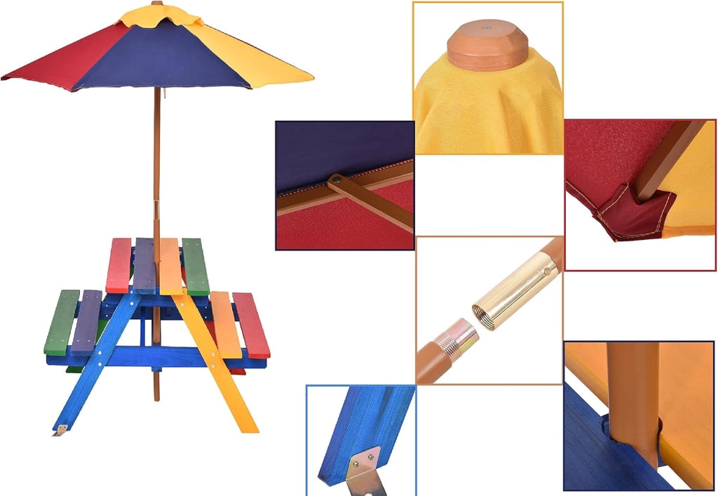 Set di Tavolo Picnic per Bambini in Legno Massiccio con Ombrellone, Set da Giardino per Bambini 1 Tavolo e 2 Panche Colorato per Giardino, Balcone, Campeggio