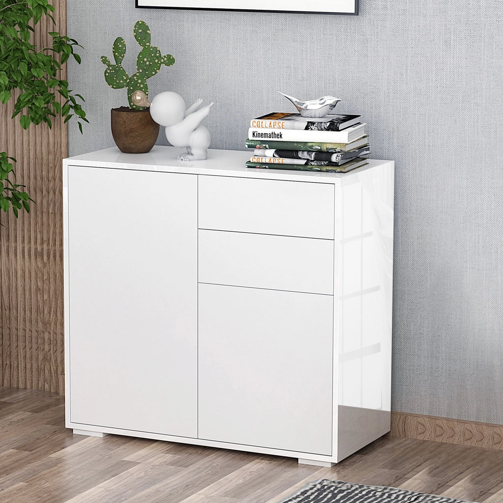 Mobiletto 2 Cassetti e 2 Ante, Apertura a Pressione, Mobile con 2 Cassetti e 2 Ante per Casa e Ufficio, 79x36x74cm, Bianco Opaco