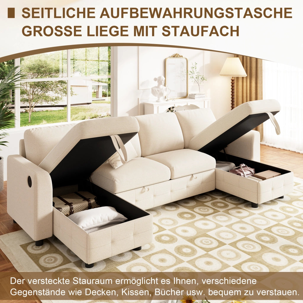 Divano angolare convertibile in ciniglia con letto estraibile e contenitore, USB, Type-C beige 260 × 128 × 82 cm