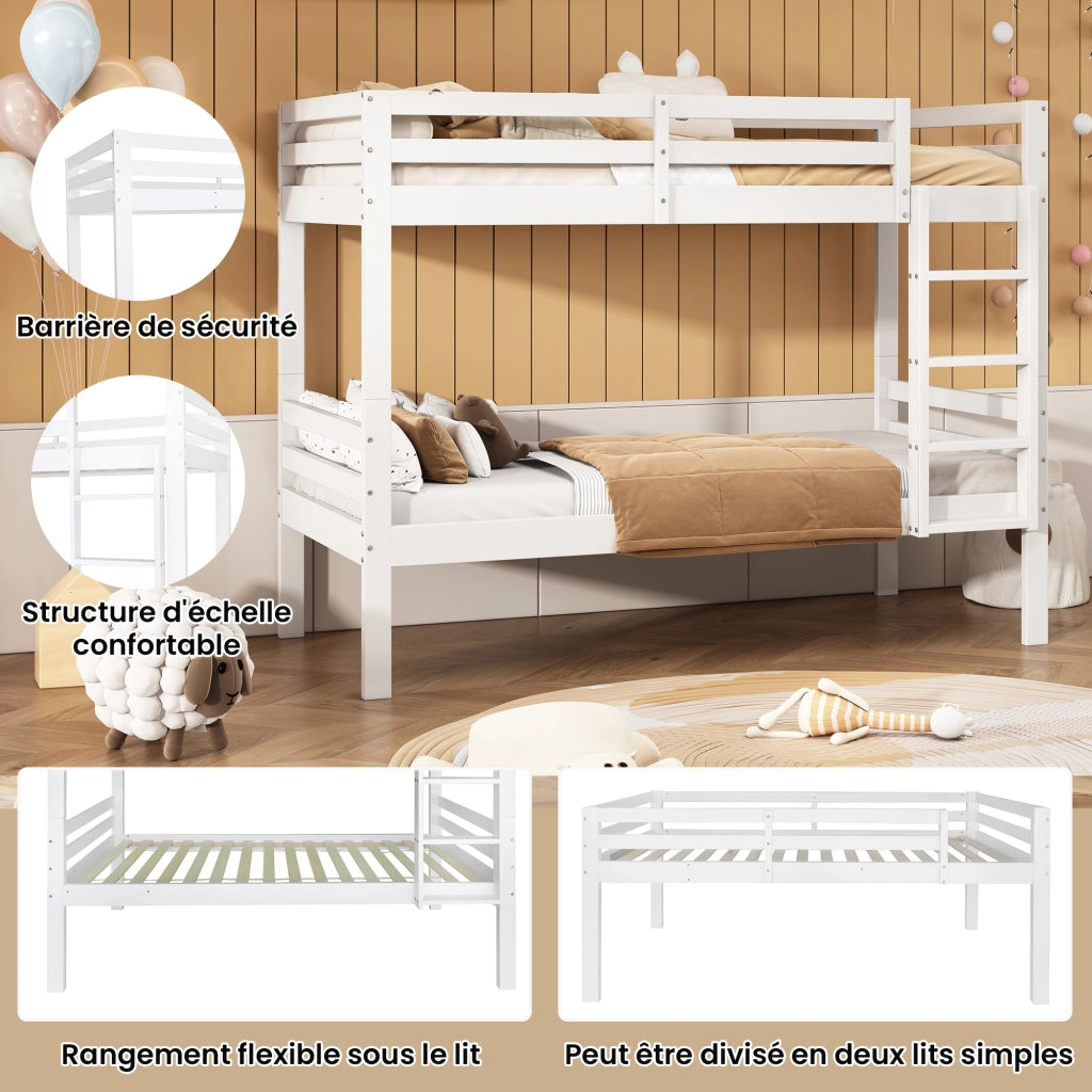 OKWISH Letto a Castello 90×200 cm, Letto Singolo 2 Posti con Scala ad Angolo, Sponda di Sicurezza e Separabile, senza Materasso, Bianco