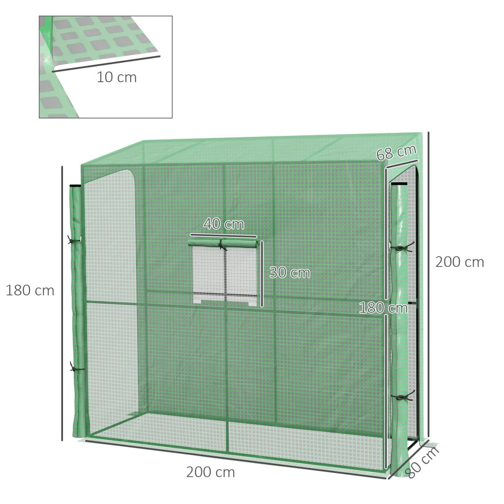 Serra a parete in PE verde con 2 porte e finestre laterali, struttura in acciaio, 200 x 80 x 200/180 cm