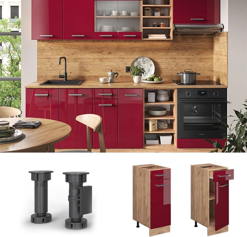 Mobiletto base per cucina R-Line, Rosso lucido, 30 cm senza piano di lavoro, per la libera combinazione all'interno di sistemi cucina modulari