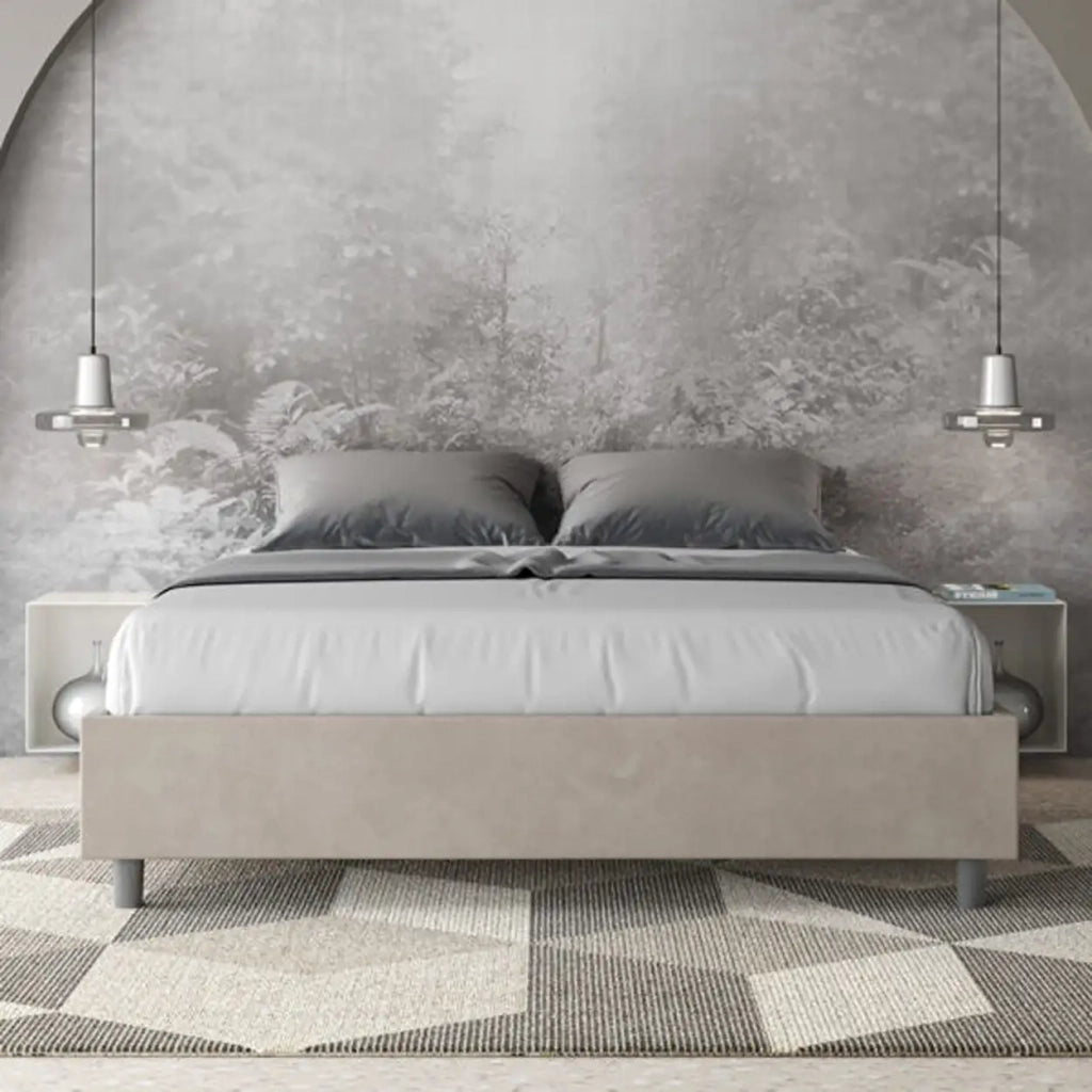Letto matrimoniale con rete imbottito 160x200 microfibra sabbia Azelia