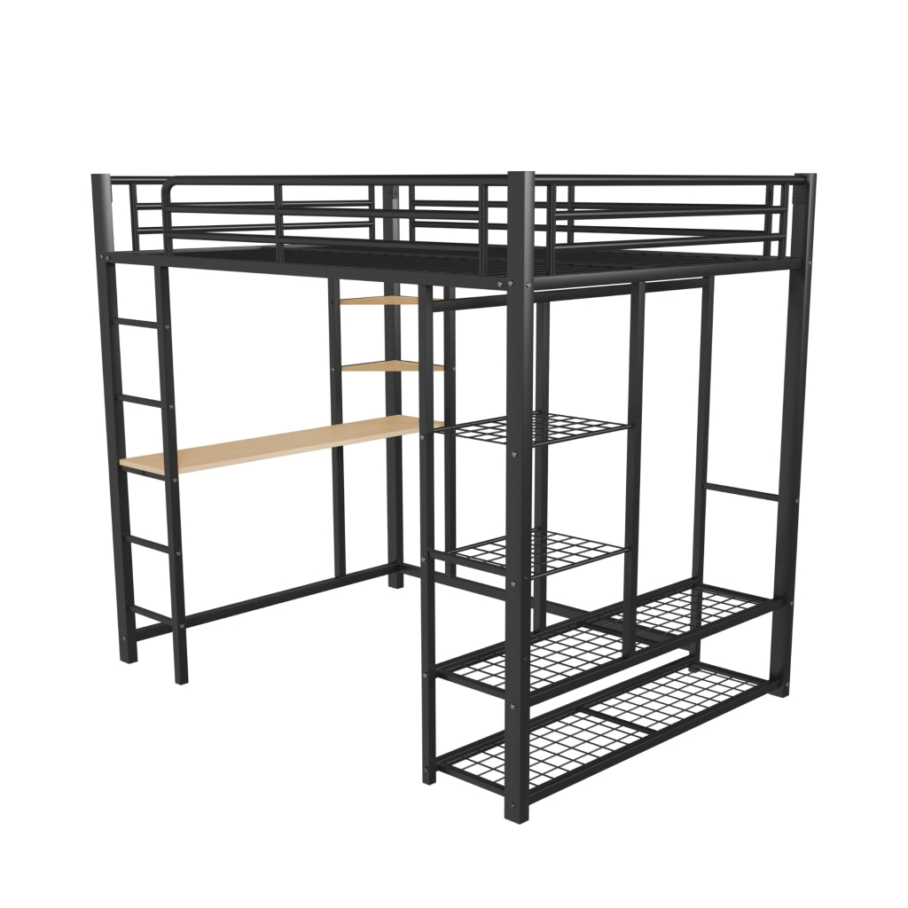 OKWISH Letto a soppalco 140×200 cm, Letto Matrimoniale con Scrivania, Mensole e Appendiabiti, senza Materasso, in Metallo, Nero