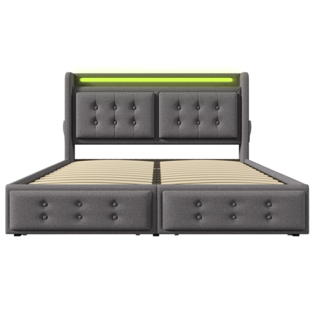 Letto 140x200 con LED; USB-C; 4 cassetti e tasche laterali; cotone-lino; grigio