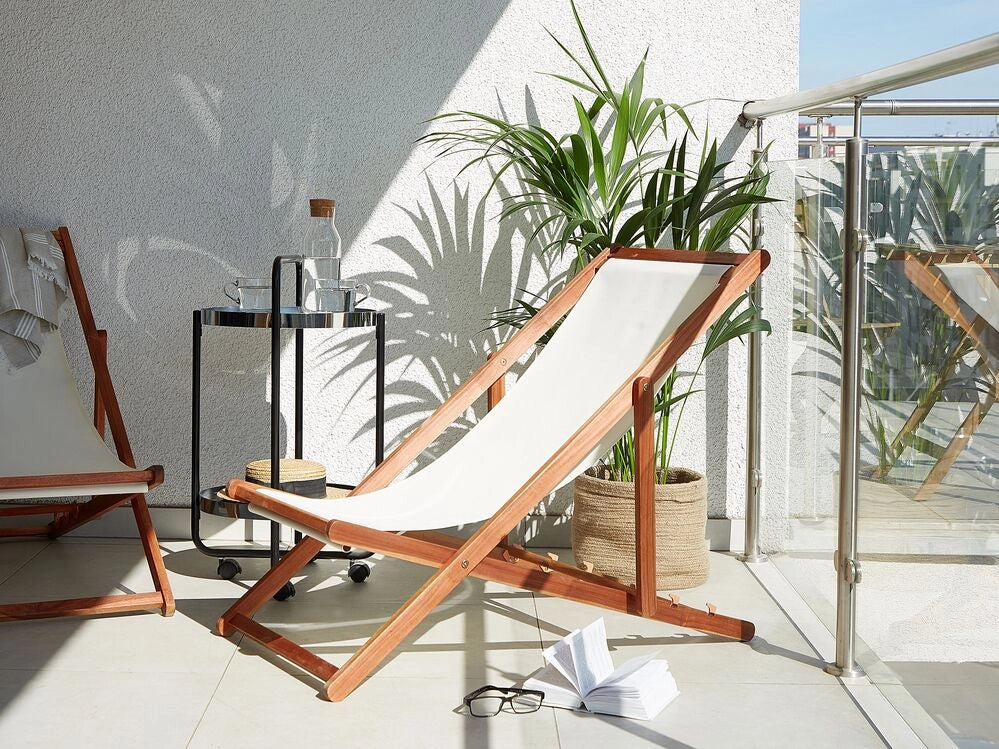 Sedia a Sdraio da Giardino in Tessuto Beige Seduta Poggiatesta Cuscino Reclinabile Pieghevole Struttura in marrone scuro