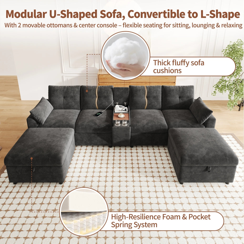 Divano componibile a 6 posti in chenille grigio con 2 pouf contenitore 84,5 × 316 × 140 cm