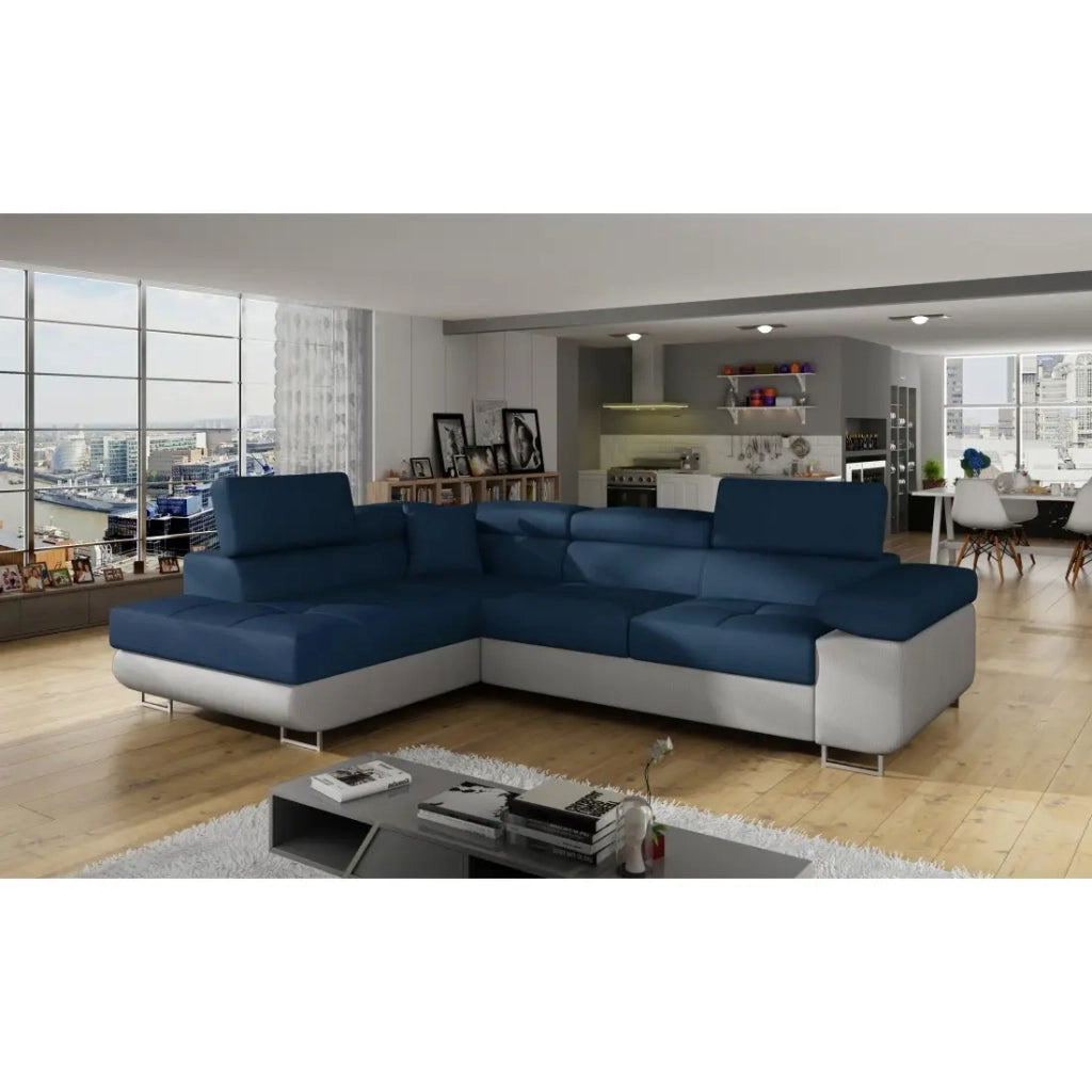 Divano angolare trasformabile MENTON blu oceano e bianco bouclé – Angolo sinistro con vano contenitore