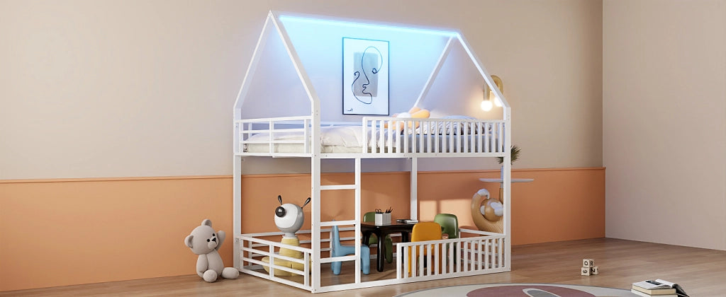 DESMIU Letto a castello casetta 140 × 200 cm 2 posti con LED, senza materasso, in metallo, bianco