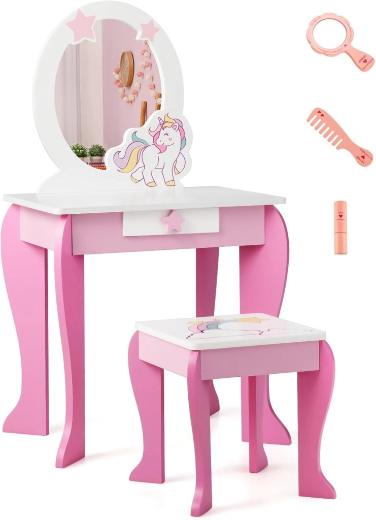 Set Toeletta per Ragazza, Toeletta Trucco per Bambini con Sgabello, Specchio Staccabile e Cassetto, Postazione Trucco in Legno per Cameretta 49.5 x 35.5 x 89cm (Bianco)