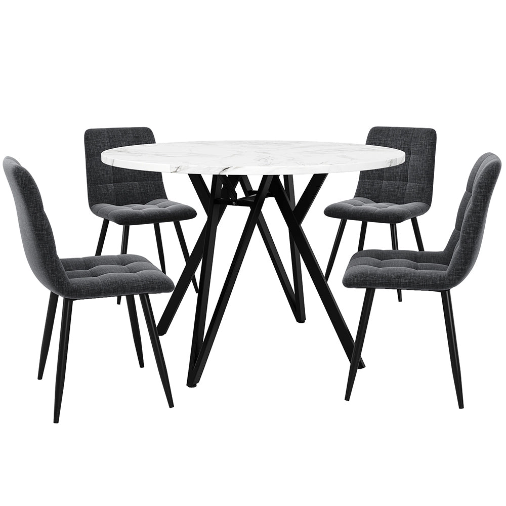 Set tavolo-Xylo-100cm rotondo 4 sedie grigio piedi neri piano marmorizzato