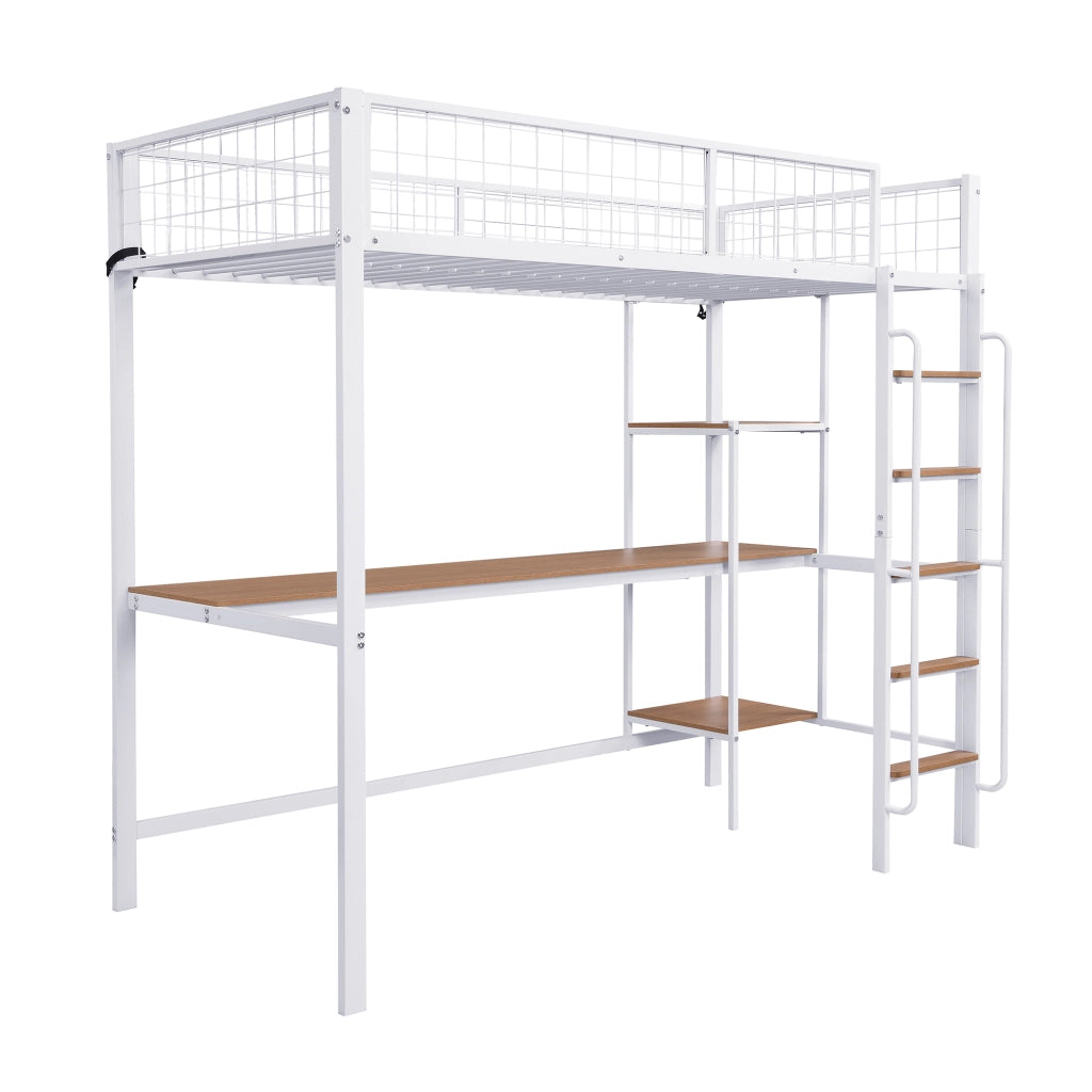 Letto a Soppalco 90x200 cm - Scrivania; Mensole e Scala a 5 Gradini - Bianco Naturale