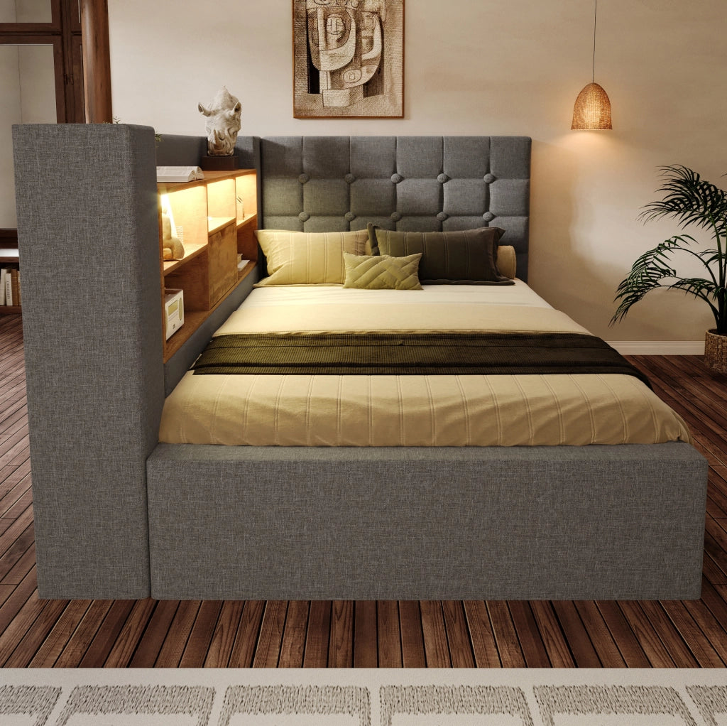 Letto singolo 90x190 cm con LED; contenitore idraulico; testiera a L reversibile; grigio