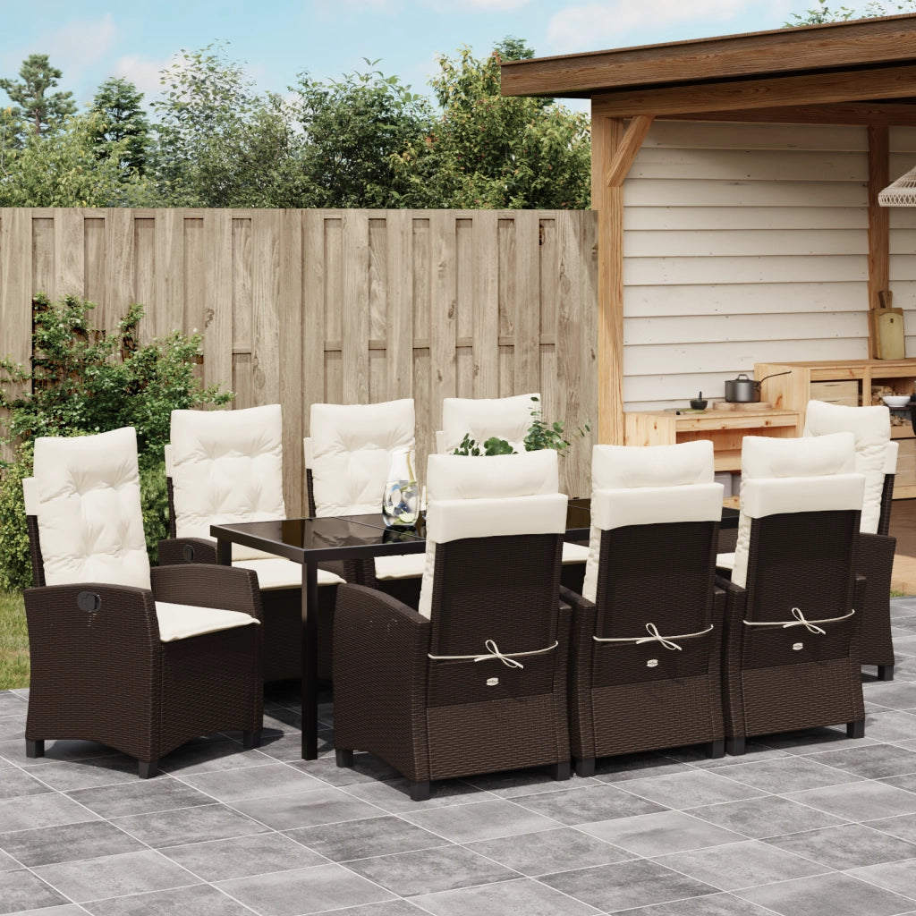 Set da Pranzo da Giardino 9 Pezzi con Cuscini Rattan Polare Marrone