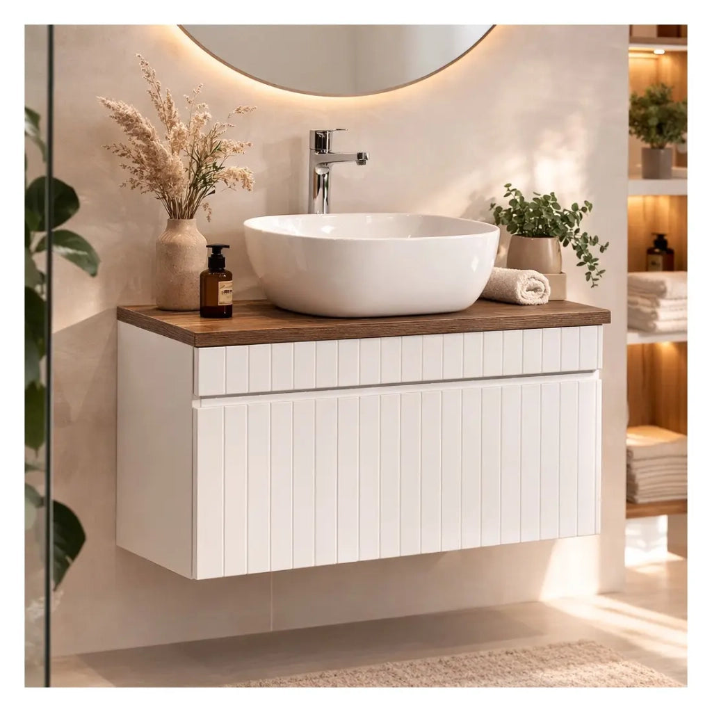 Set ICON bianco: mobile sottolavabo 80cm + piano per lavabo in legno scuro + lavabo da appoggio bianco
