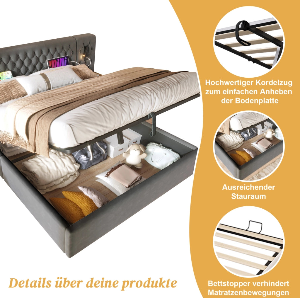 Letto matrimoniale 160 x 200 cm con contenitore idraulico, comodini e materasso