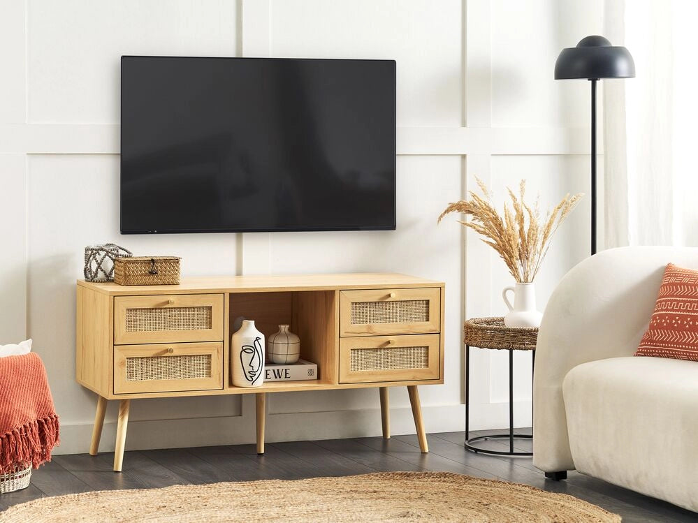 Mobile da TV in rattan legno chiaro con 4 cassetti stile boho soggiorno camera da letto