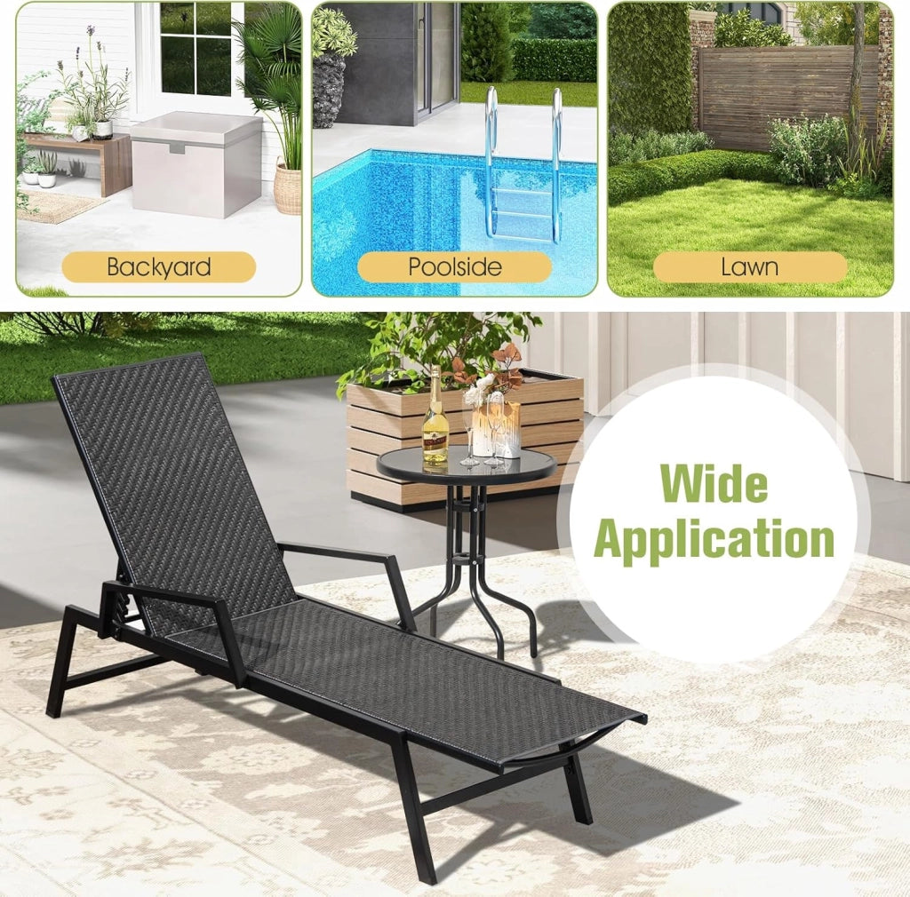 Lettino Prendisole da Giardino in Rattan, Poltrona Reclinabile da Esterno, Sdraio Giardino con Schienale Regolabile in 5 Posizioni, Telaio in Metallo Robusto, per Spiaggia, Balcone, Piscina
