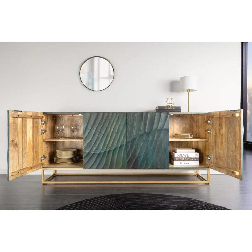 Buffet LUMBER 180 cm – Legno scolpito turchese e dorato, stile design contemporaneo