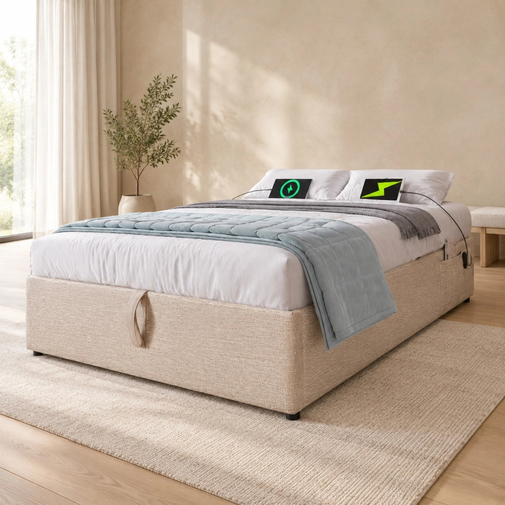 Letto contenitore 140×200 cm in lino naturale con USB/Type-C e rete a pannello