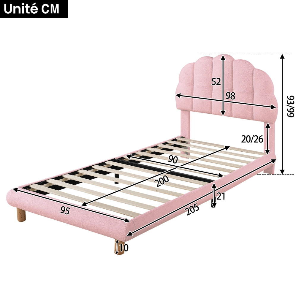 OKWISH Letto Singolo 90×200 cm, Letto Bambini con Testiera Imbottita Regolabile e 12 Doghe, senza Materasso, in Velluto, Rosa