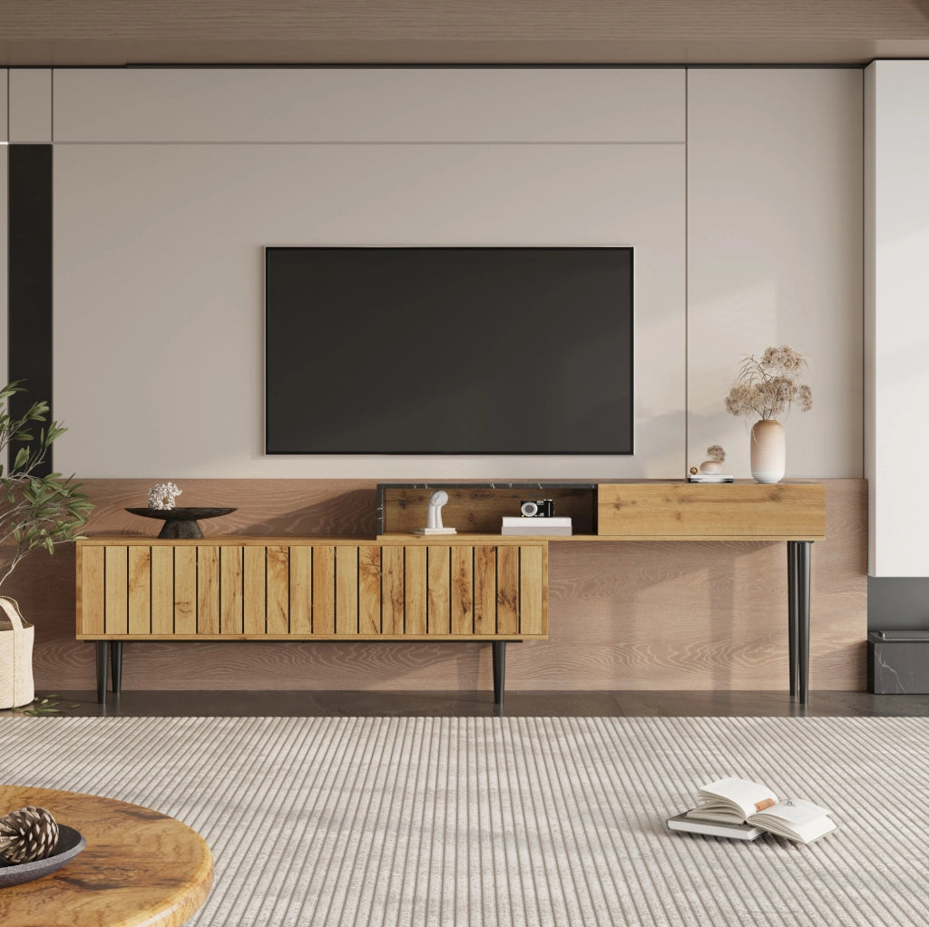 Mobile TV moderno con effetto marmo e venatura legno; struttura in MDF; colore legno naturale