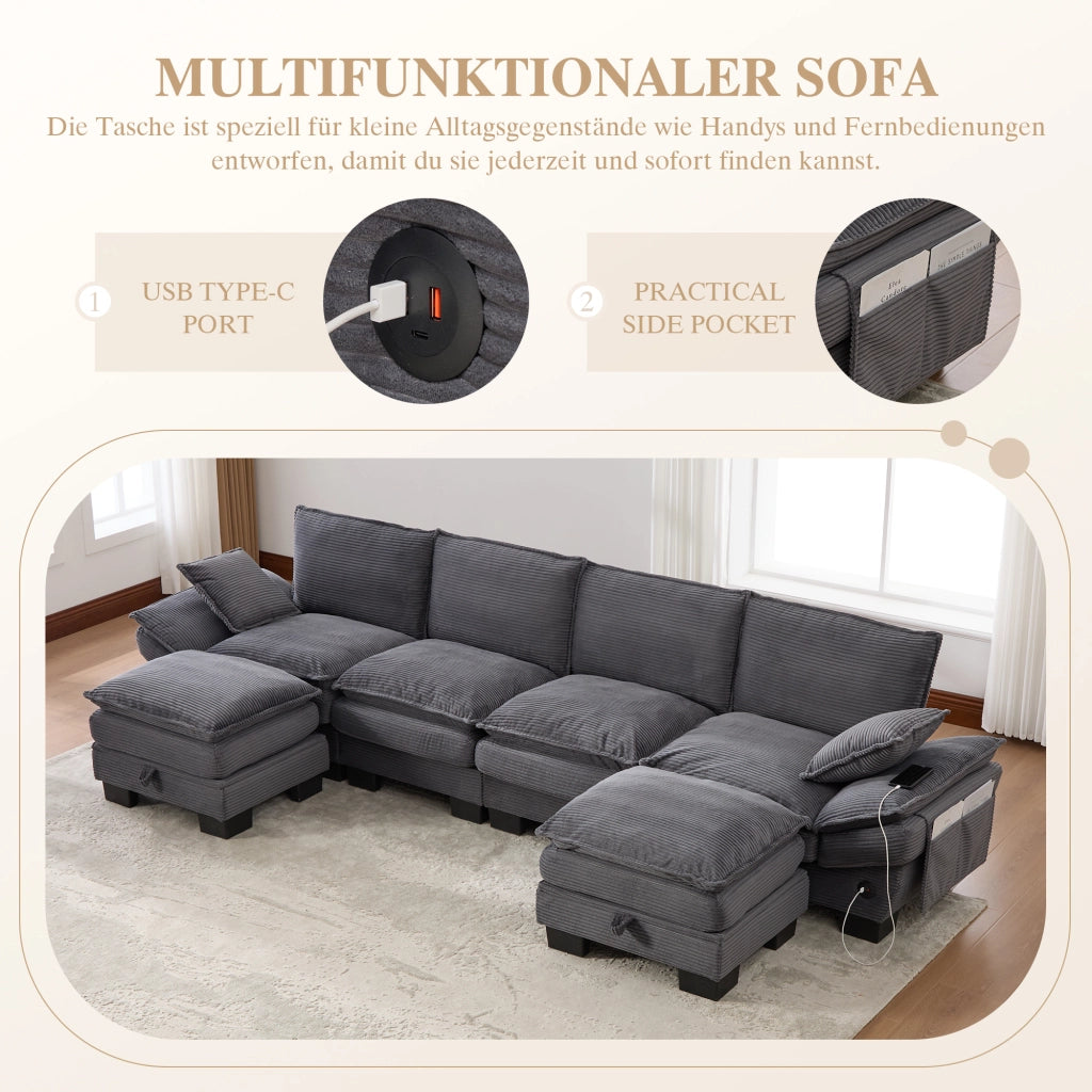 DIVANO modulare 4 posti con 2 pouf 330x132x84 cm velluto a coste grigio scuro