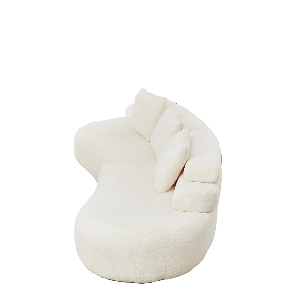 Divano modulare a due moduli curvi segmentati senza braccioli con 3 cuscini schienale per salotto in ciniglia beige