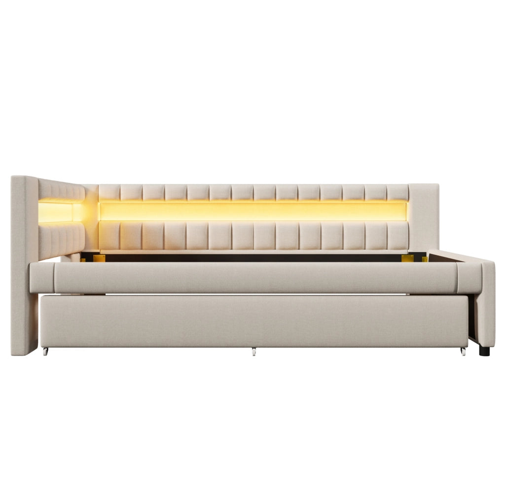 Letto estraibile in lino beige con luce LED e porte USB