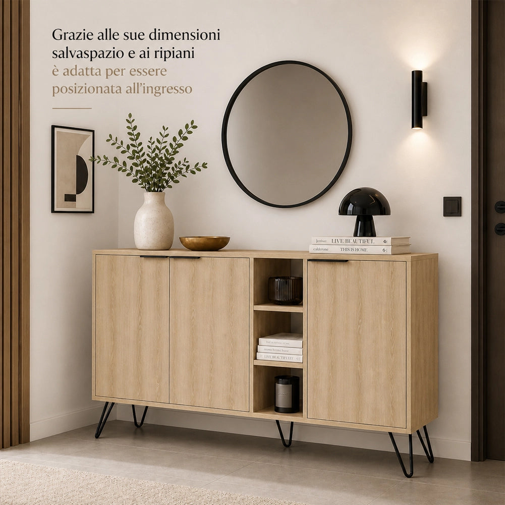 Madia Moderna Credenza con 3 Ante e Vani a Giorno 142x83 cm Zaffiro di Quercia
