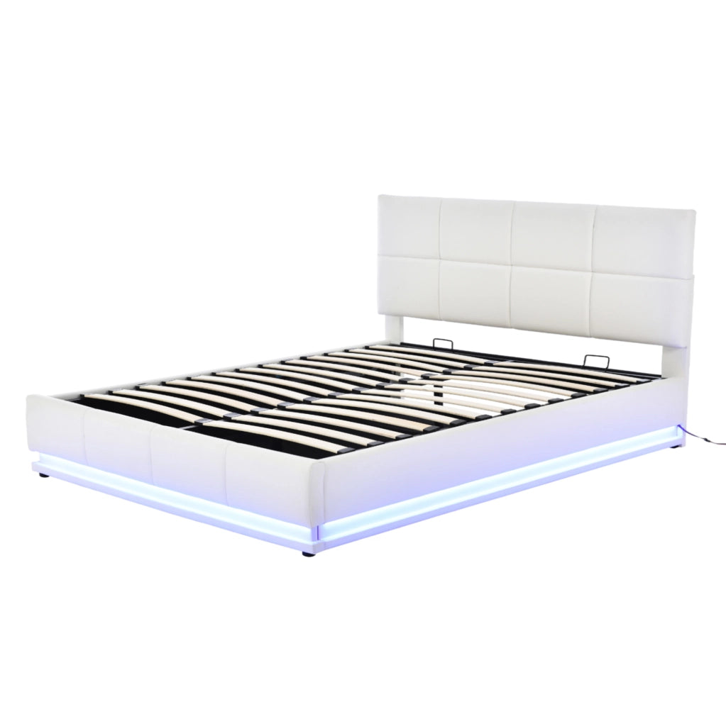 Letto imbottito 160x200 cm con LED e contenitore in similpelle bianco