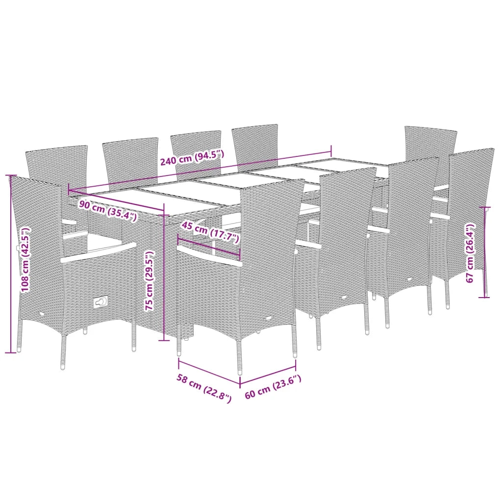 Set da Pranzo da Giardino 11pz con Cuscini in Polyrattan Grigio 3277545