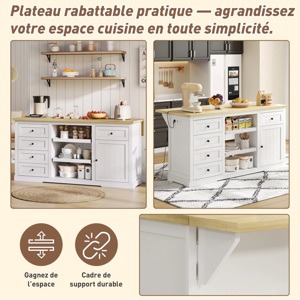 Credenza da Cucina con 5 Cassetti; 2 Ripiani Estraibili; Piano Ribaltabile e Prese; 150x65x75;5 cm