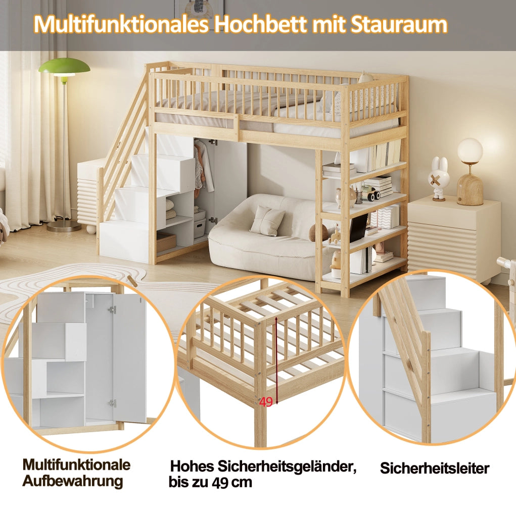 Letto a soppalco 90x200 cm multifunzione con scala di sicurezza