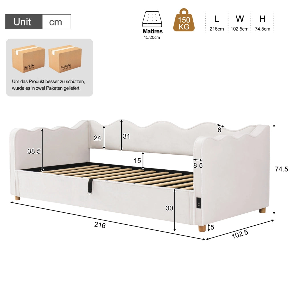Letto contenitore per bambini 90 × 200 cm con contenitore idraulico, USB e Type-C, senza materasso, in velluto beige