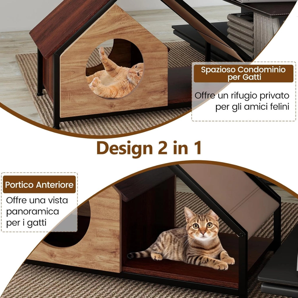 Casetta per Gatti da Interno, Cuccia per Gatti in Legno con Veranda, Tetto Inclinato Staccabile e Struttura in Metallo, Villa Industriale per Gattini, 84 x 43 x 58,5 cm