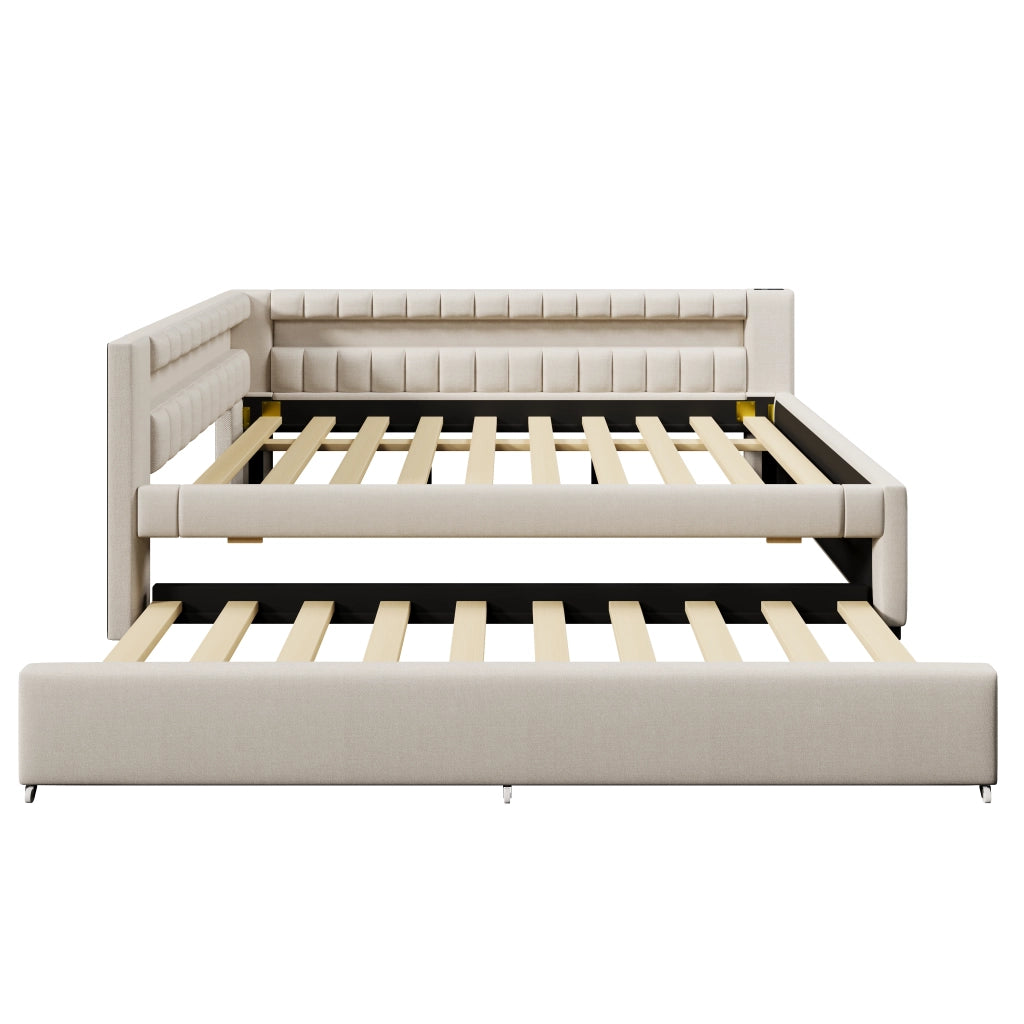 Daybed in lino beige 140x200 con LED telecomandato e letto estraibile USB/Type-C