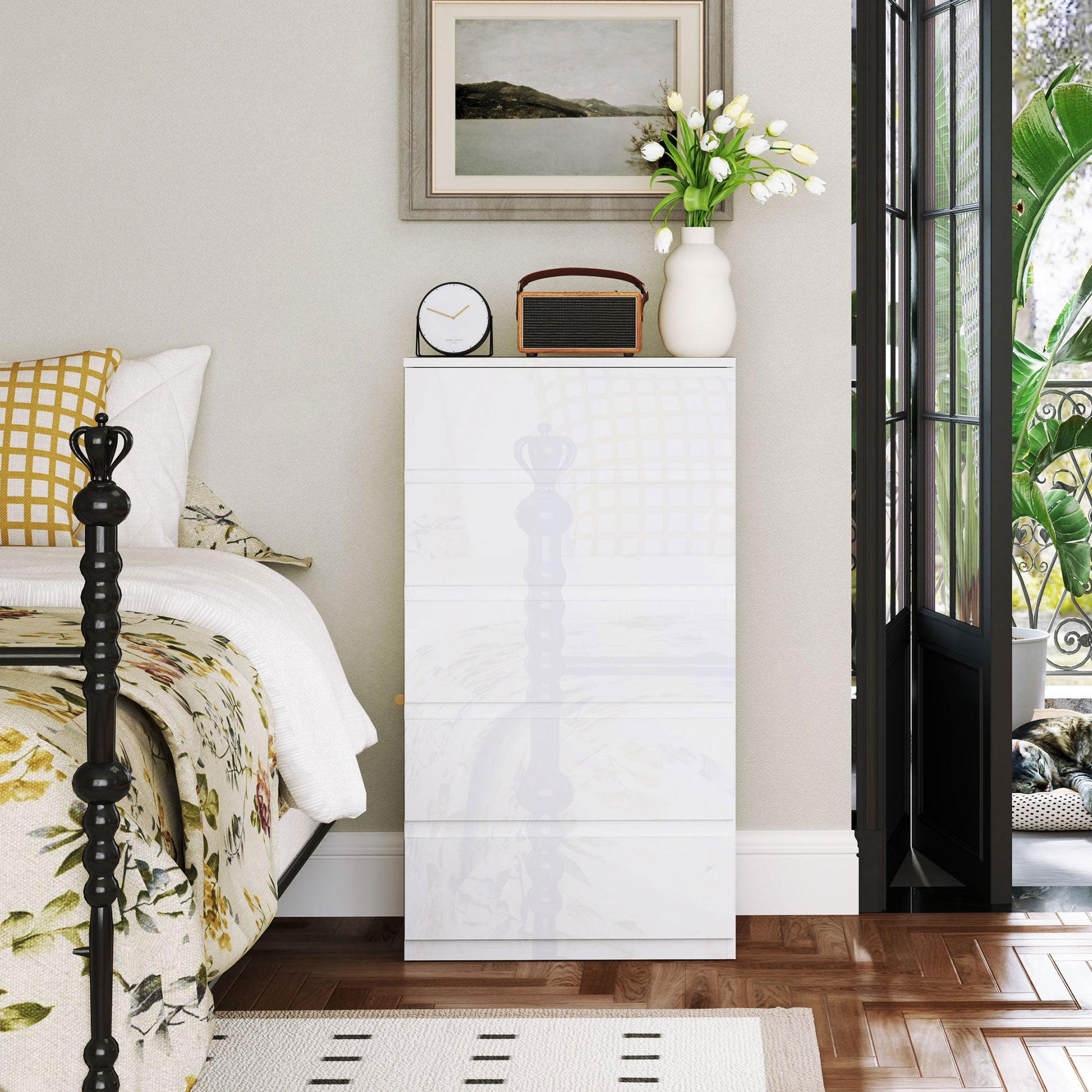 Cassettiera 5 Cassetti Antiribaltamento 55x33x100 cm Bianco Lucido