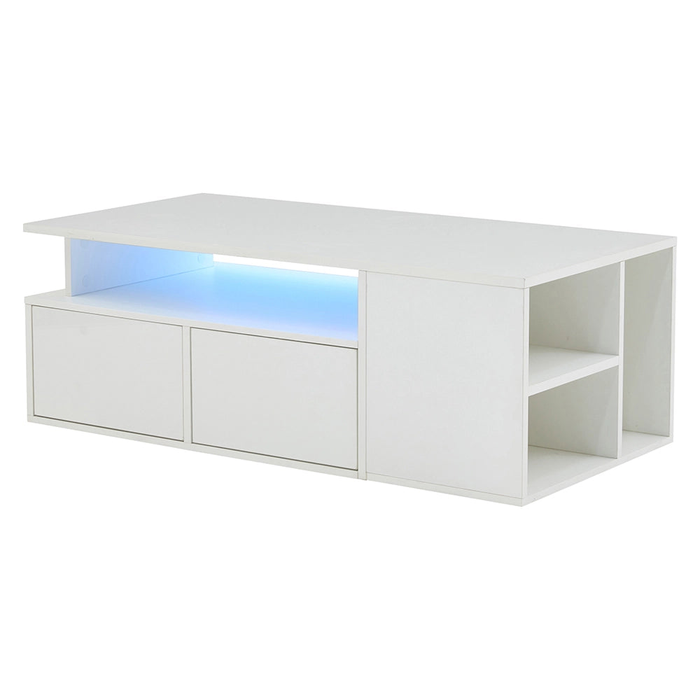 Tavolino-Xylo-100x50x35cm bianco 2 cassetti LED capacit?? 60kg