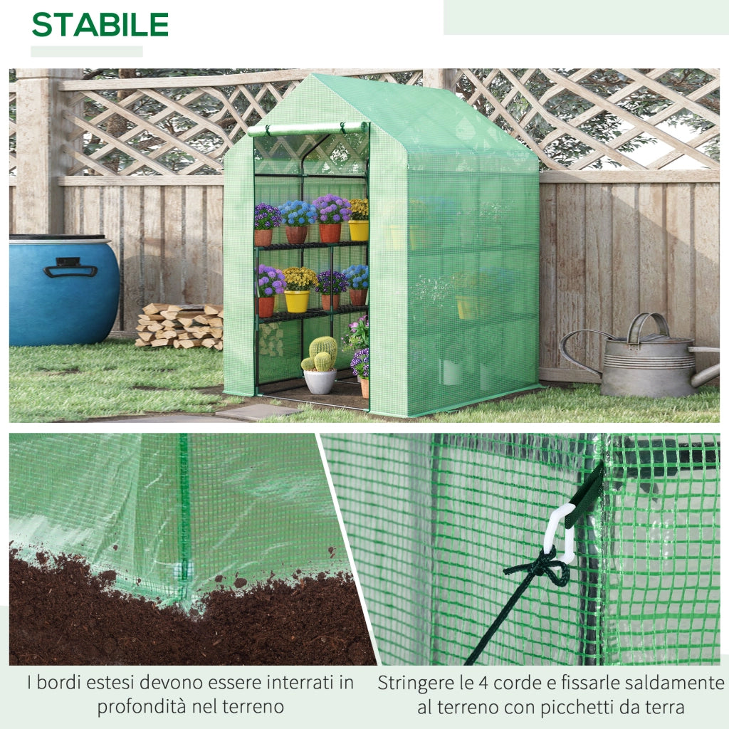 EasyComfort Serra da Giardino con Scaffali, Copertura in PE e Porta Avvolgibile, 143x138x190 cm, Verde