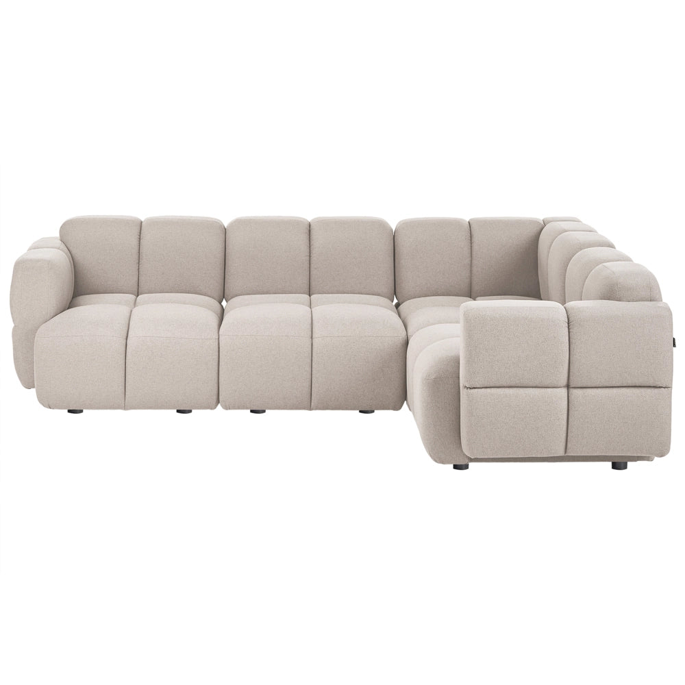 Divano modulare angolare sinistro a 4 posti, in tessuto beige, articolo modulare, divano componibile a quattro elementi, stile moderno