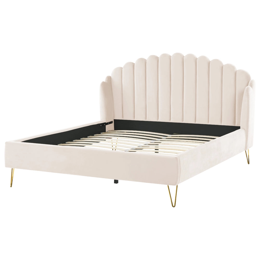 Letto con rete in velluto beige 180 x 200 cm gambe in metallo testata retro capitonné
